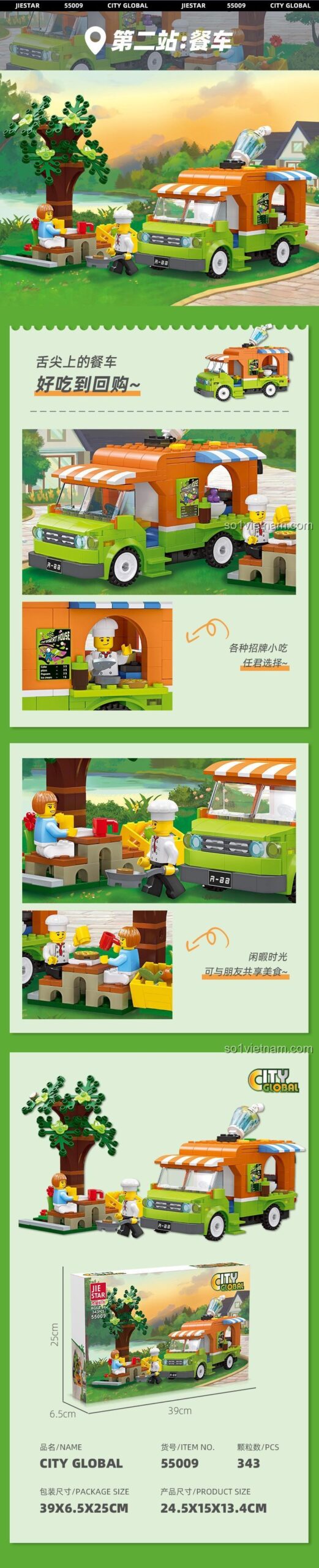 Chi tiết bộ lắp ghép Xe Food Truck JIESTAR 55009, đồ chơi mô hình Xe Tải Bán Đồ Ăn Di Động 55009 với kích thước rõ ràng, phù hợp bé 6 tuổi