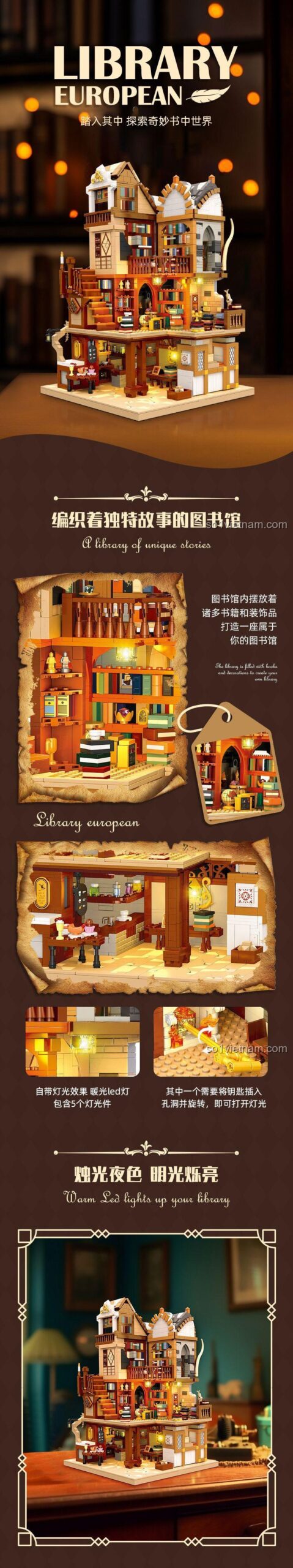 Nội thất có đèn LED của bộ xếp hình Tòa nhà Thư viện Trung Cổ JIESTAR, đồ chơi xây dựng chi tiết, cho thanh niên 14 tuổi, đáng tiền.