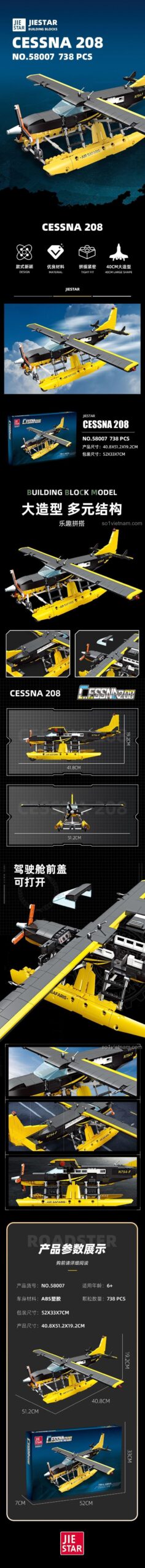Hình ảnh chi tiết các tính năng và kích thước của bộ lắp ráp Máy bay hạng nhẹ Cessna 208, bao gồm cánh quạt quay, chi tiết in và kích thước 51.2cm.