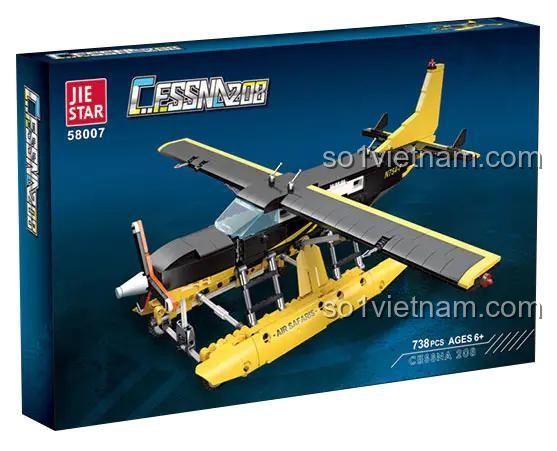 Hộp sản phẩm của bộ lắp ghép Máy bay Cessna 208 JIESTAR 58007, hiển thị hình ảnh máy bay và thông tin 738 chi tiết, độ tuổi 6+.