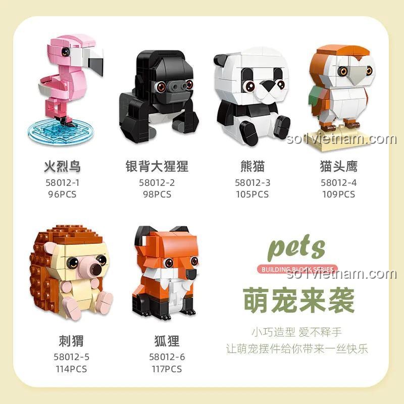 Đồ chơi mô hình Hồng hạc, Khỉ đột lưng bạc, Gấu trúc, Cú mèo, Nhím, Cáo JIESTAR 58012, chi tiết từng mẫu, phù hợp Cả Con trai và Con gái 6 tuổi.