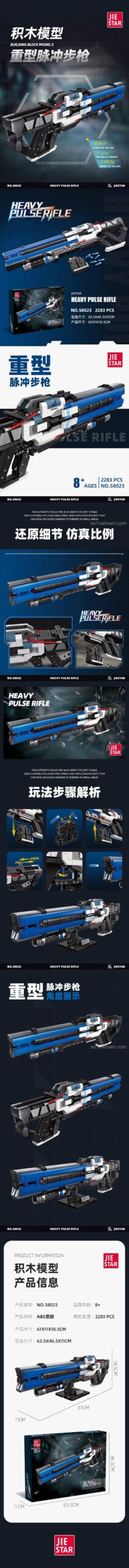 Poster giới thiệu các tính năng của bộ lắp ráp súng trường tương lai JIESTAR 58023, bao gồm cơ chế bắn và các chi tiết tinh xảo.