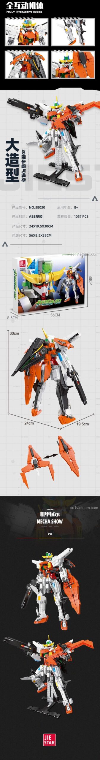 Hộp JIESTAR 58030 bộ xếp hình Robot Gundam Kyriosgn-003 hiển thị kích thước mô hình, món quà giá trị cho bé trai.