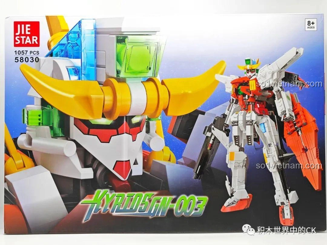 Hộp đồ chơi lắp ráp JIESTAR 58030 Gundam Kyriosgn-003 với hình ảnh robot oai vệ và thông tin sản phẩm chi tiết