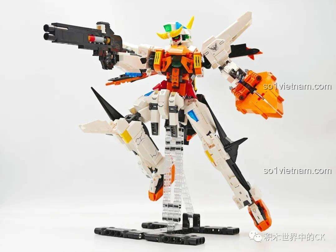 JIESTAR 58030 Gundam Kyriosgn-003 trong tư thế chiến đấu với súng trường, thể hiện sự nhanh nhẹn