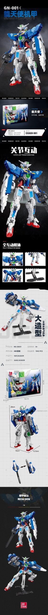 Chi tiết kích thước và tính năng của mô hình Gundam Exia JIESTAR 58031, đồ chơi mô hình Robot Gundam Exia với khớp nối linh hoạt, phù hợp bé trai 8 tuổi