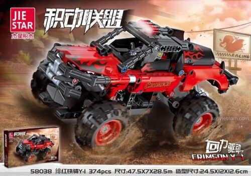 Poster quảng cáo đồ chơi mô hình JIESTAR 58038 Xe Bán Tải Quái Vật Crimson Y-I với 374 chi tiết và động cơ kéo lùi mạnh mẽ, giá tốt.