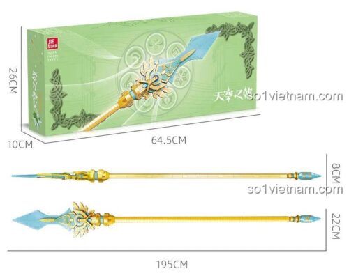 Hộp đồ chơi mô hình Giáo Thiên Không JIESTAR 58110, thể hiện kích thước sản phẩm 1.95m, phù hợp cho bé trai 8 tuổi yêu thích Genshin Impact.