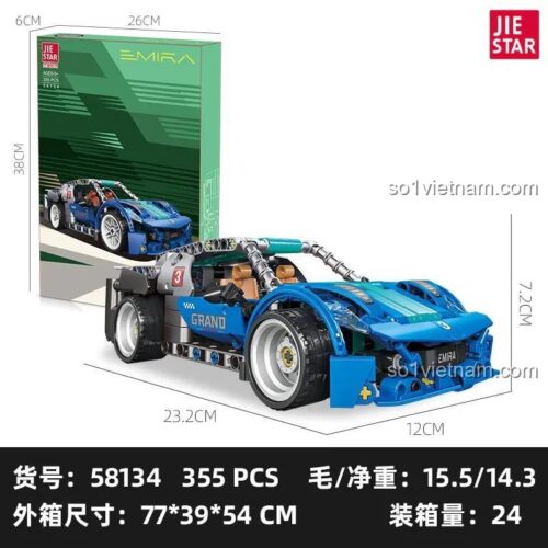 Hộp sản phẩm siêu xe Emira JIESTAR 58134 và kích thước mô hình xe đua cho bé trai 6 tuổi