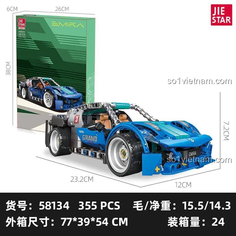 Hộp sản phẩm siêu xe Emira JIESTAR 58134 và kích thước mô hình xe đua cho bé trai 6 tuổi