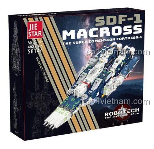 Hộp bộ xếp hình JIESTAR 58144 Tàu chiến không gian SDF-1 Macross, hiển thị kích thước mô hình và hộp, phù hợp con trai 14 tuổi