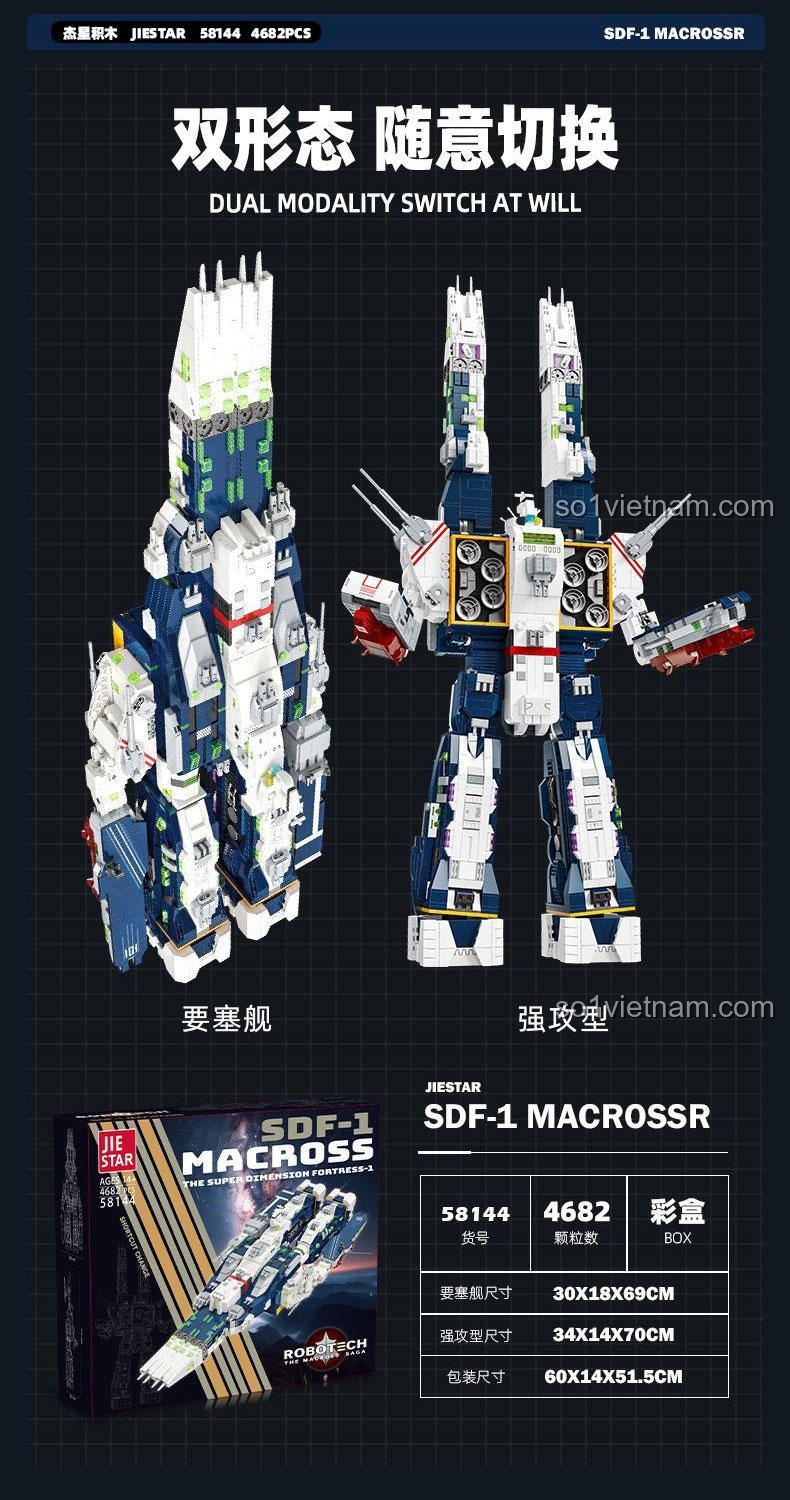Bộ lắp ghép JIESTAR 58144 Tàu chiến không gian SDF-1 Macross biến hình 2 chế độ, pháo đài và robot, cho con trai 14 tuổi