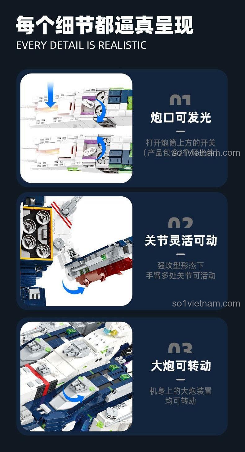 Tính năng nổi bật của bộ xếp hình JIESTAR 58144 SDF-1 Macross: nòng pháo phát sáng, khớp linh hoạt, pháo xoay, cho con trai 14 tuổi