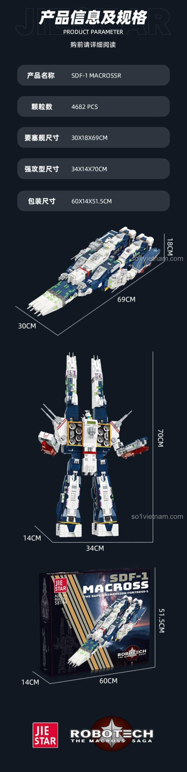 Thông số kỹ thuật chi tiết của đồ chơi lắp ráp JIESTAR 58144 Tàu chiến không gian SDF-1 Macross, 4682 mảnh ghép, cho con trai 14 tuổi