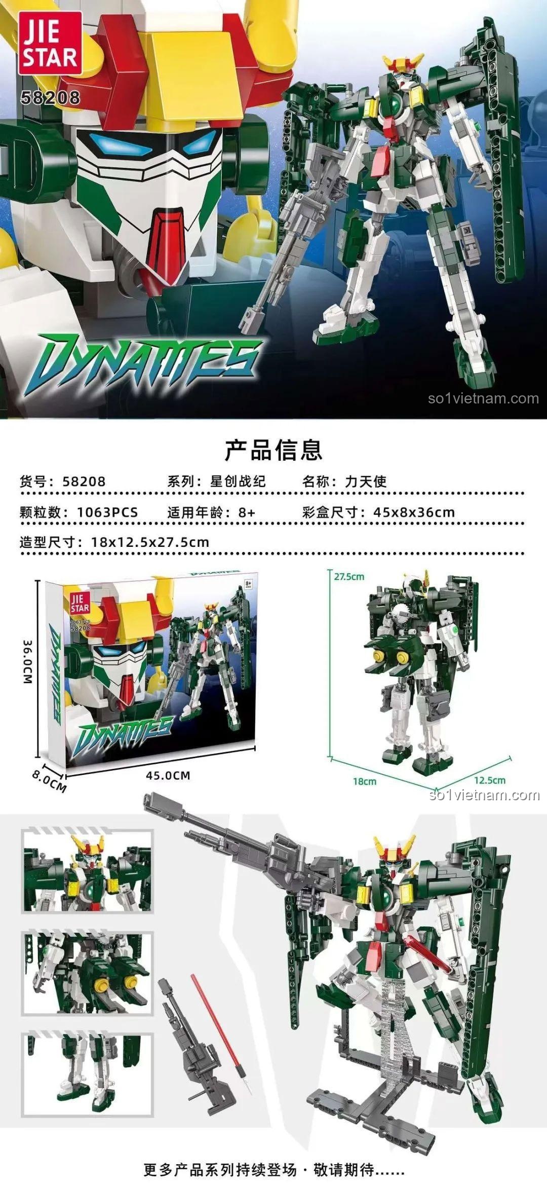 Kích thước mô hình Gundam Dynames JIESTAR-58208, đồ chơi lắp ráp Robot Gundam Dynames chi tiết cao, phù hợp bé trai 8 tuổi
