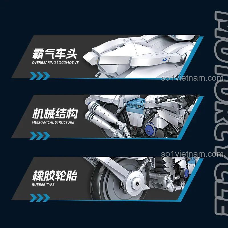 Xe mô tô Saber Motored Cuirassier JIESTAR, JIESTAR 58227 Mô hình mô tô Saber Motored Cuirassier, chi tiết đầu xe hầm hố, cấu trúc cơ khí và lốp cao su