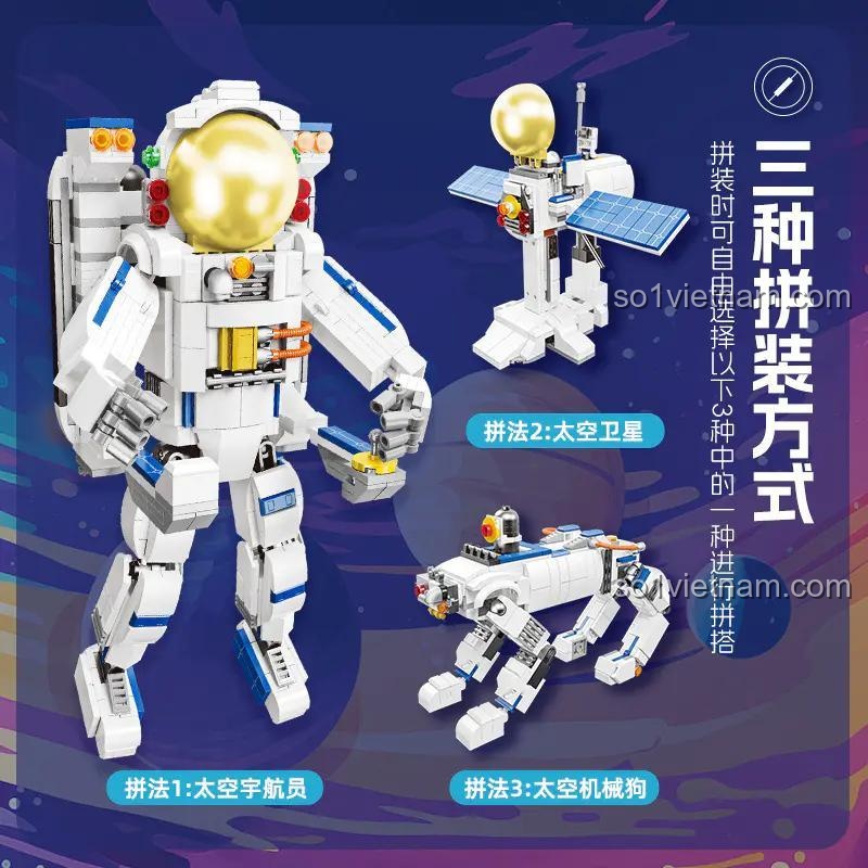 Ba mẫu lắp ráp của bộ lắp ghép sáng tạo JIESTAR 58271: Phi Hành Gia, Vệ Tinh, Chó Robot Không Gian, đồ chơi cho bé trai 6 tuổi.