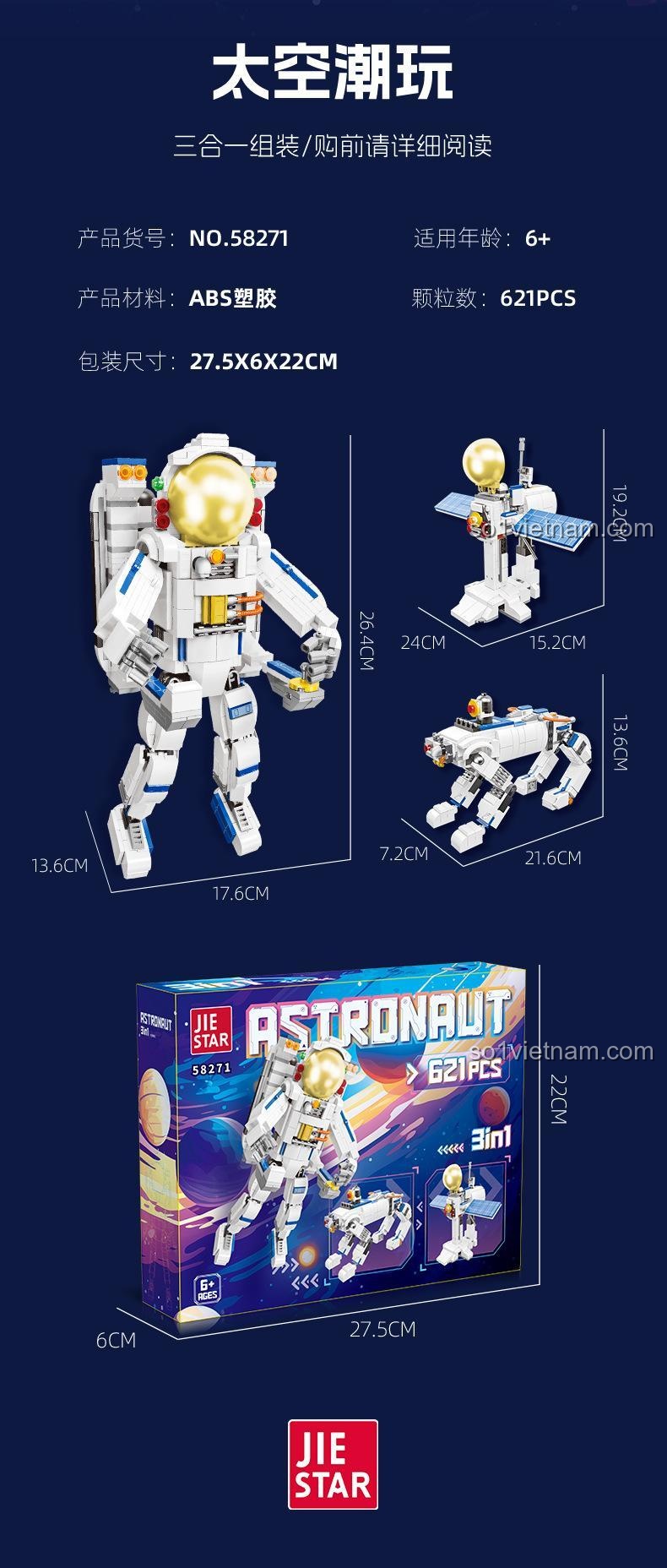Thông số kỹ thuật và kích thước chi tiết của bộ lắp ghép JIESTAR 58271 Phi Hành Gia, đồ chơi mô hình không gian cho bé trai 6 tuổi.