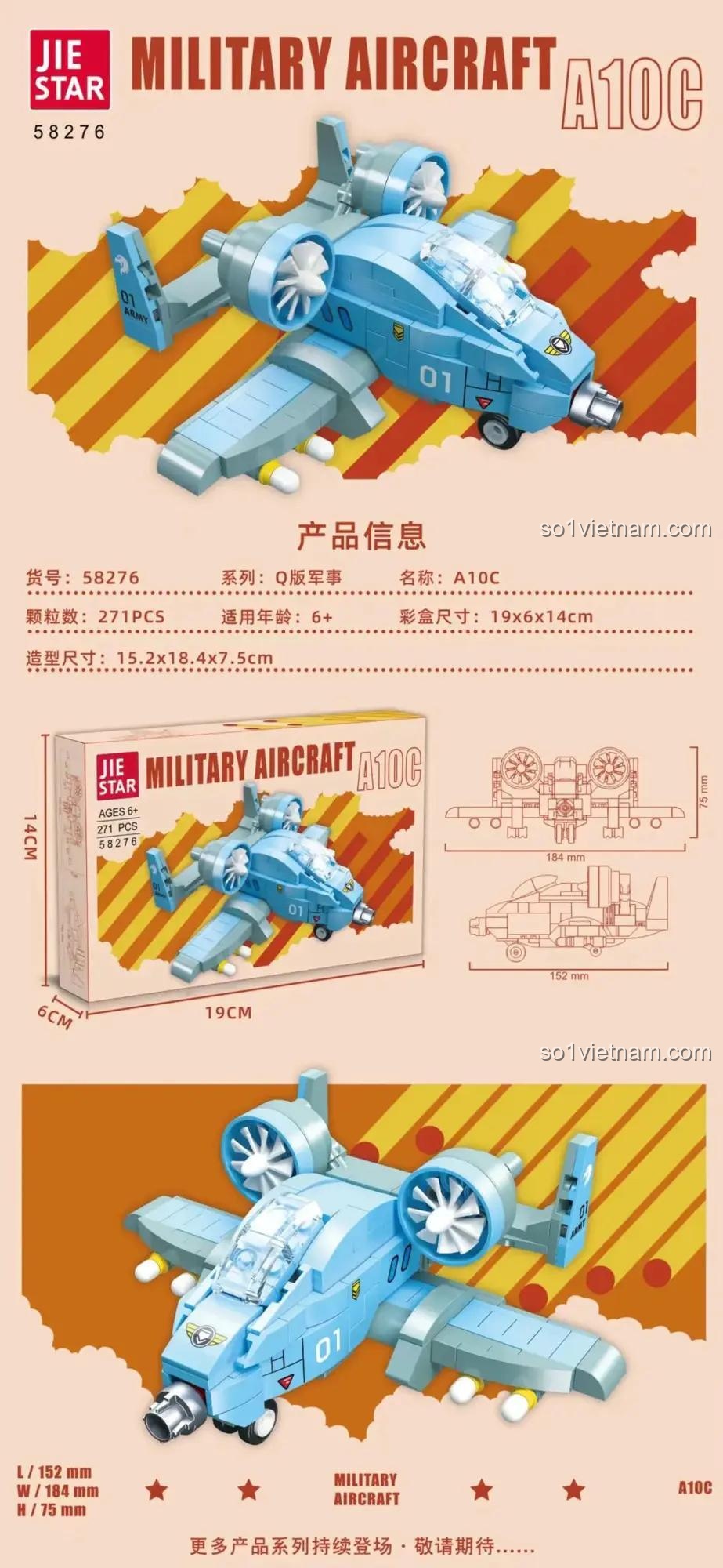 Kích thước chi tiết bộ xếp hình 58276 Phi cơ A-10 Warthog, dài 18.4cm, rộng 15.2cm.