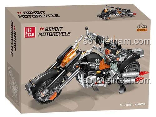 Hộp sản phẩm của bộ xếp hình JIESTAR 58281, thể hiện hình ảnh Xe máy chiến binh Bandit và thông tin 1298 chi tiết.