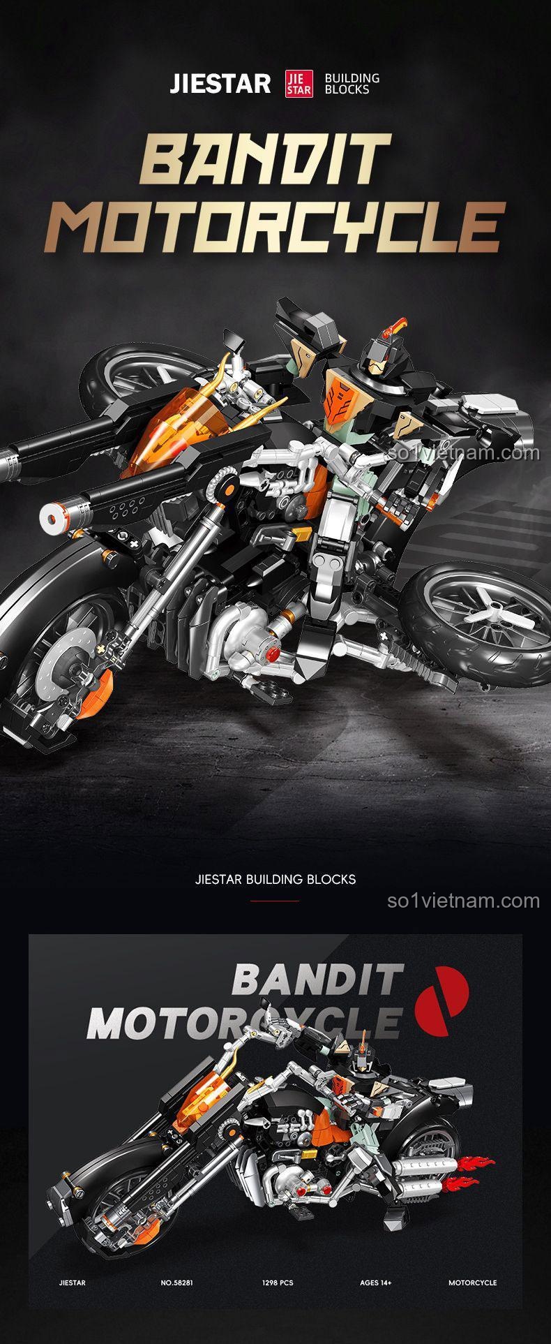 Poster quảng cáo cho bộ lắp ráp JIESTAR 58281, làm nổi bật thiết kế ấn tượng của Xe máy chiến binh Bandit.