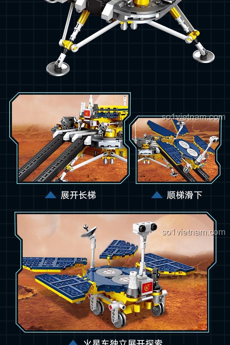 Cơ chế hoạt động của bộ xếp hình JIESTAR 59013: tàu đổ bộ hạ thang cho xe tự hành trượt xuống bề mặt sao Hỏa.