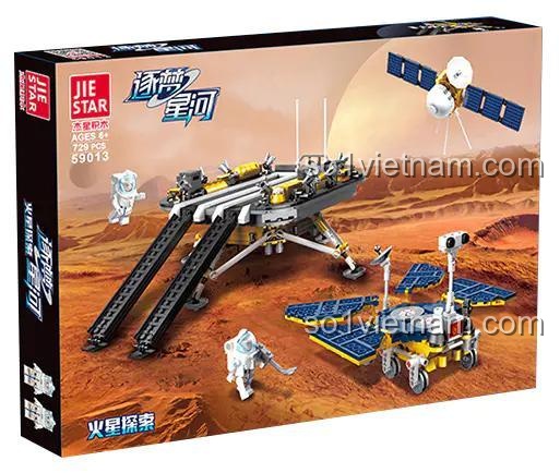 Toàn cảnh bộ lắp ghép Xe Thám Hiểm Sao Hỏa JIESTAR 59013, bao gồm tàu đổ bộ, xe tự hành, vệ tinh và 2 phi hành gia. Đồ chơi cho bé trai 6 tuổi giá rẻ.