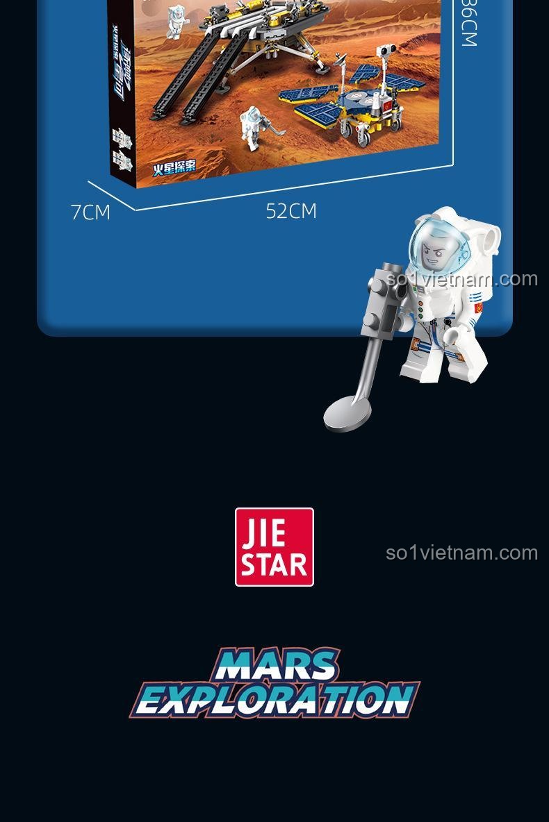 Kích thước hộp của bộ lắp ghép Sứ Mệnh Sao Hỏa, thể hiện rõ chiều dài, rộng, cao để dễ dàng vận chuyển và cất giữ.