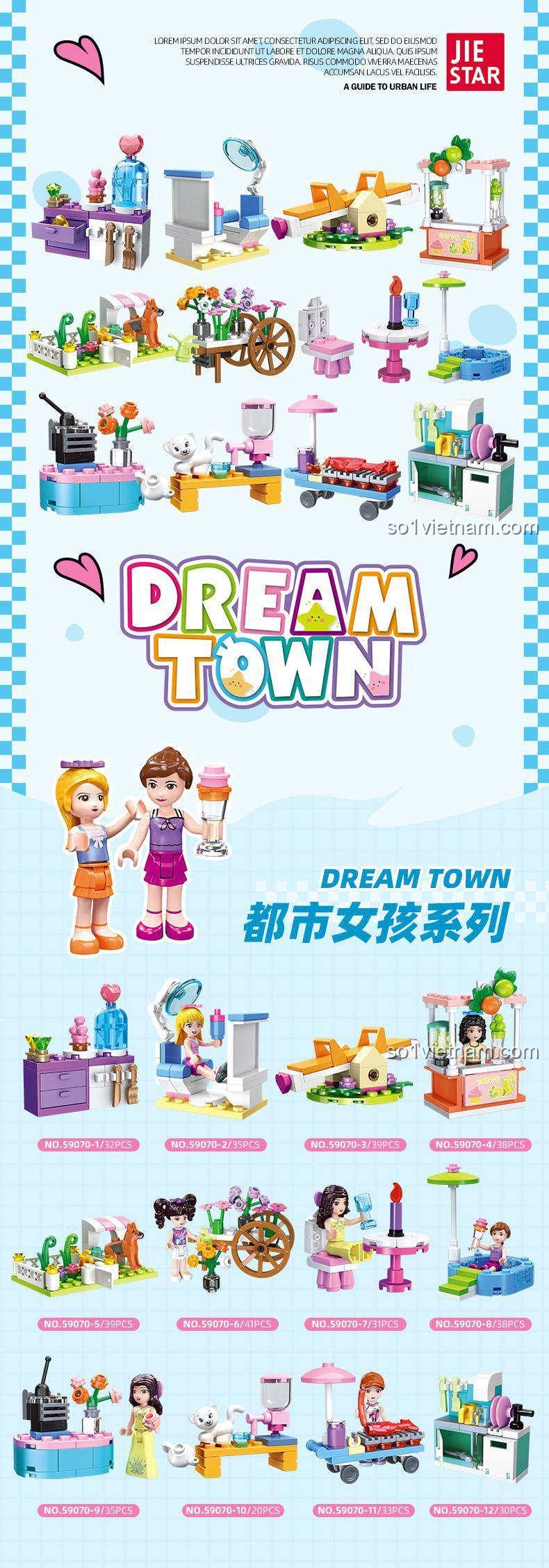 JIESTAR 59070 Dream Town, bộ đồ chơi lắp ghép Cô Gái Thành Phố, phát triển kỹ năng cho bé gái 6 tuổi