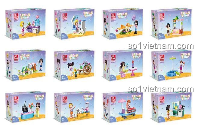 Hộp sản phẩm bộ lắp ghép JIESTAR 59070 Thị Trấn Mơ Ước, 12 mẫu độc đáo, đồ chơi cho con gái 6 tuổi
