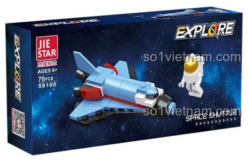 Ảnh cận cảnh bộ lắp ghép Tàu con thoi JIESTAR 59100 và minifigure phi hành gia. Món đồ chơi sáng tạo cho bé trai 6 tuổi, giá rẻ.
