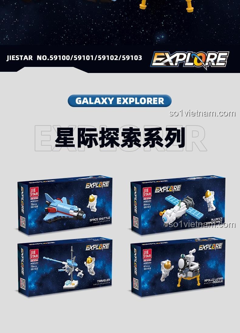 Bộ sưu tập đồ chơi lắp ráp JIESTAR Galaxy Explorer, nổi bật với mẫu 59101 Tàu Vũ Trụ Liên Minh.