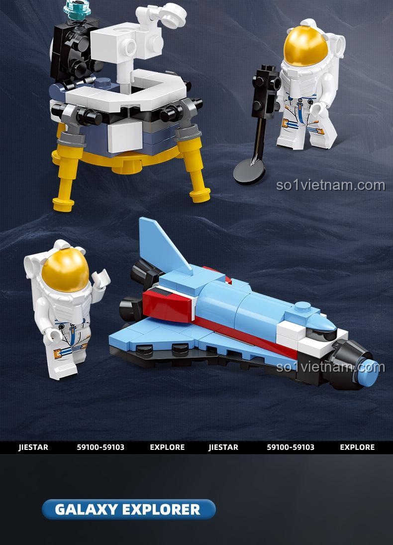 Thiết kế độc đáo của đồ chơi mô hình JIESTAR, với minifigure phi hành gia mũ vàng nổi bật.