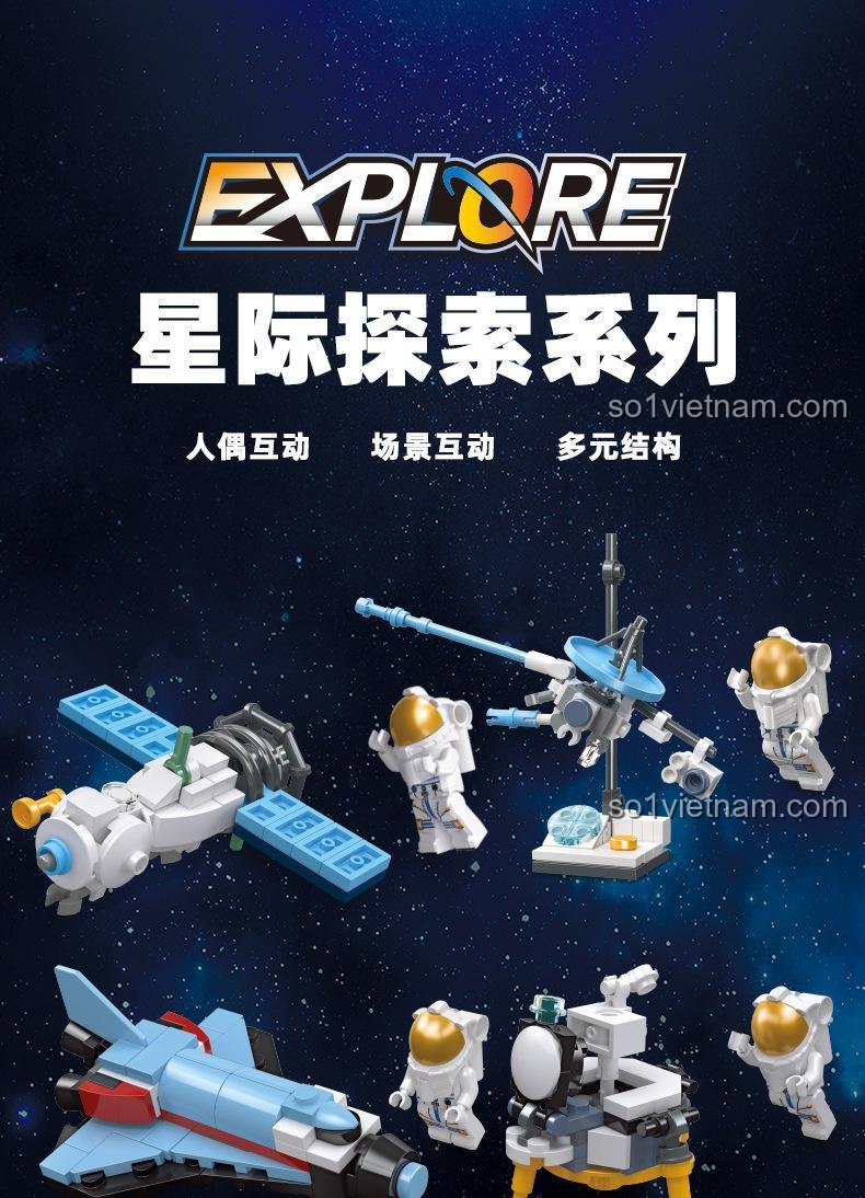 Poster quảng cáo dòng đồ chơi mô hình JIESTAR Explore, bao gồm bộ lắp ghép Mô-đun Mặt Trăng Apollo.