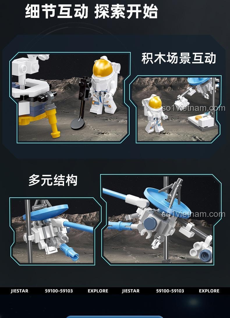 Hình ảnh thực tế của bộ xếp hình JIESTAR 59103, mô phỏng tàu Apollo Lunar Module và phi hành gia.