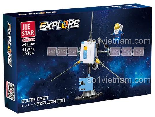 Hình ảnh hộp sản phẩm đồ chơi mô hình JIESTAR 59104, chủ đề Khám phá không gian (Explore). Hộp ghi rõ 113 chi tiết, dành cho bé từ 6 tuổi.