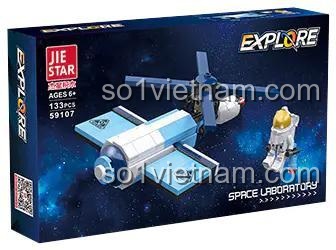 Hình ảnh hộp sản phẩm đồ chơi lắp ráp JIESTAR 59107, chủ đề Trạm vũ trụ mini. Món quà ý nghĩa cho bé trai yêu thích khám phá vũ trụ.