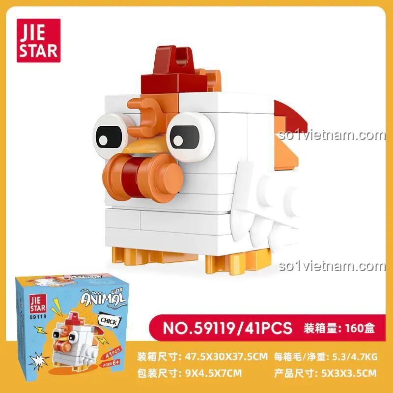 Hình ảnh hộp đồ chơi xếp hình Chú gà con JIESTAR 59119 và mô hình hoàn thiện, thể hiện rõ kích thước sản phẩm và hộp, giá rẻ.