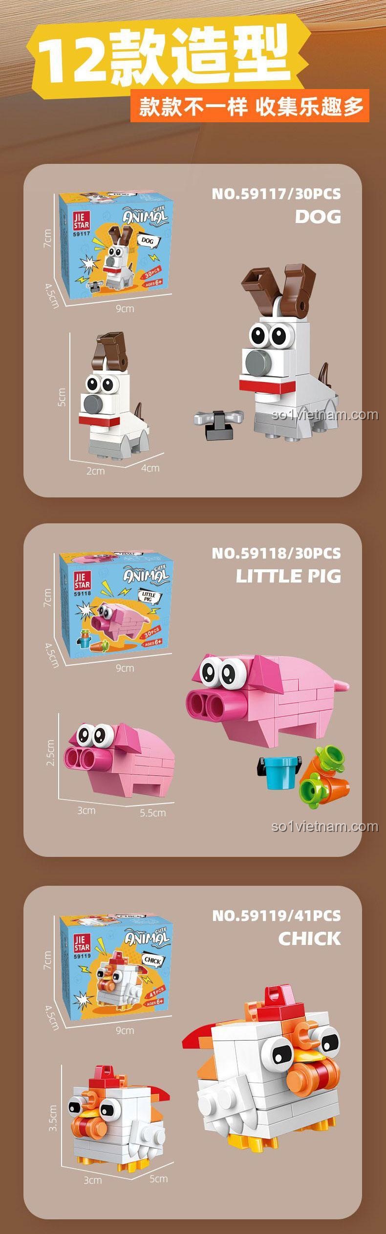 Trọn bộ sưu tập đồ chơi mô hình Gà con lắp ráp và các con vật khác trong series Animal của JIESTAR, món quà sáng tạo cho bé.