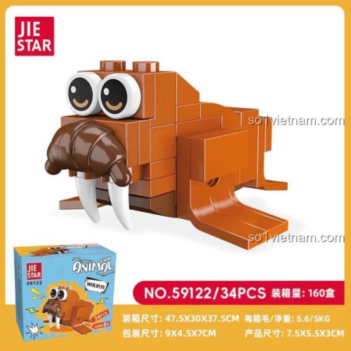 Hộp và kích thước của bộ xếp hình Jiestar 59122 Chú Hải Tượng đáng yêu, gồm 34 chi tiết, món quà hoàn hảo cho bé trai và bé gái.