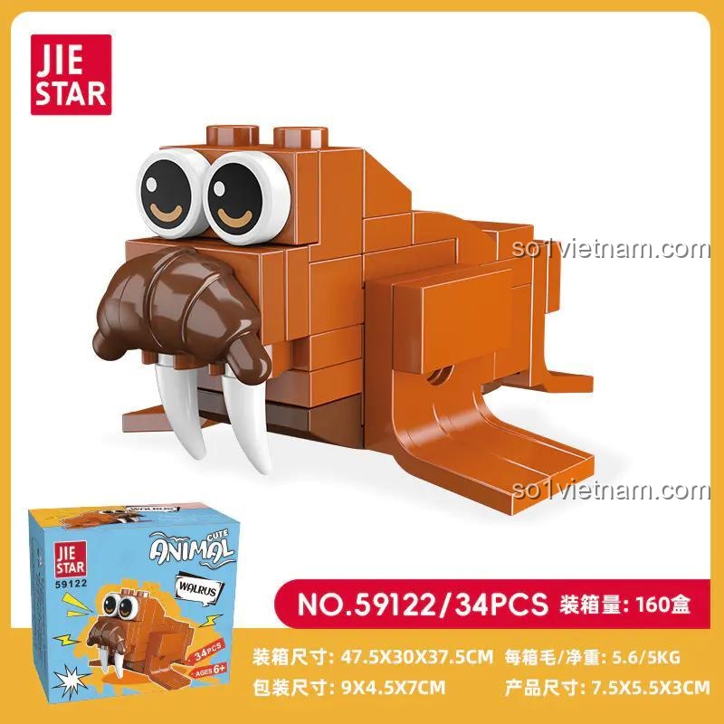 Hộp và kích thước của bộ xếp hình Jiestar 59122 Chú Hải Tượng đáng yêu, gồm 34 chi tiết, món quà hoàn hảo cho bé trai và bé gái.