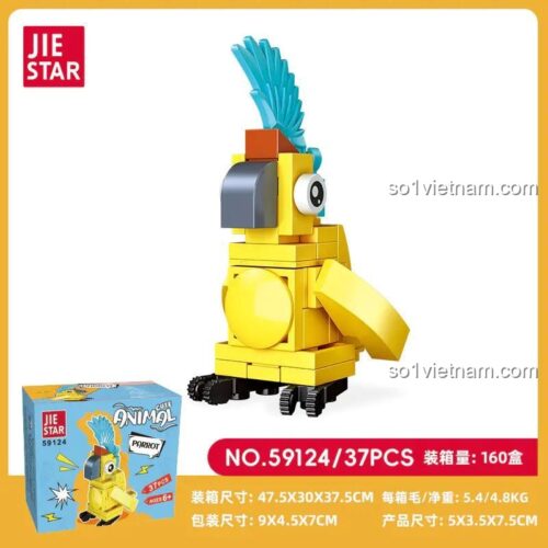 Hộp sản phẩm bộ lắp ghép Jiestar 59124 Chú Vẹt Vàng, thể hiện rõ số chi tiết và kích thước sản phẩm.