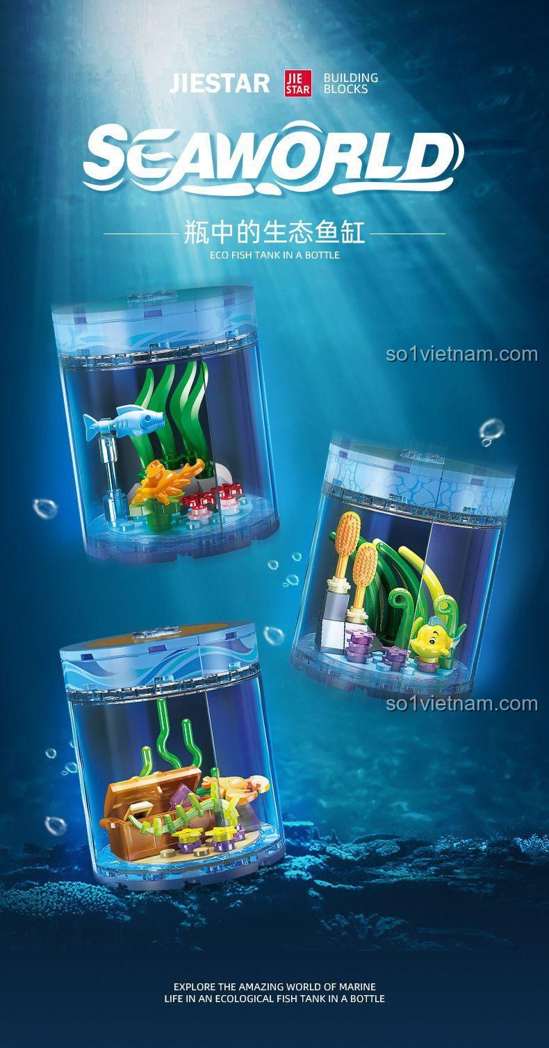 Poster quảng cáo dòng sản phẩm Seaworld của JIESTAR, bao gồm mẫu 59141 bể cá mini.