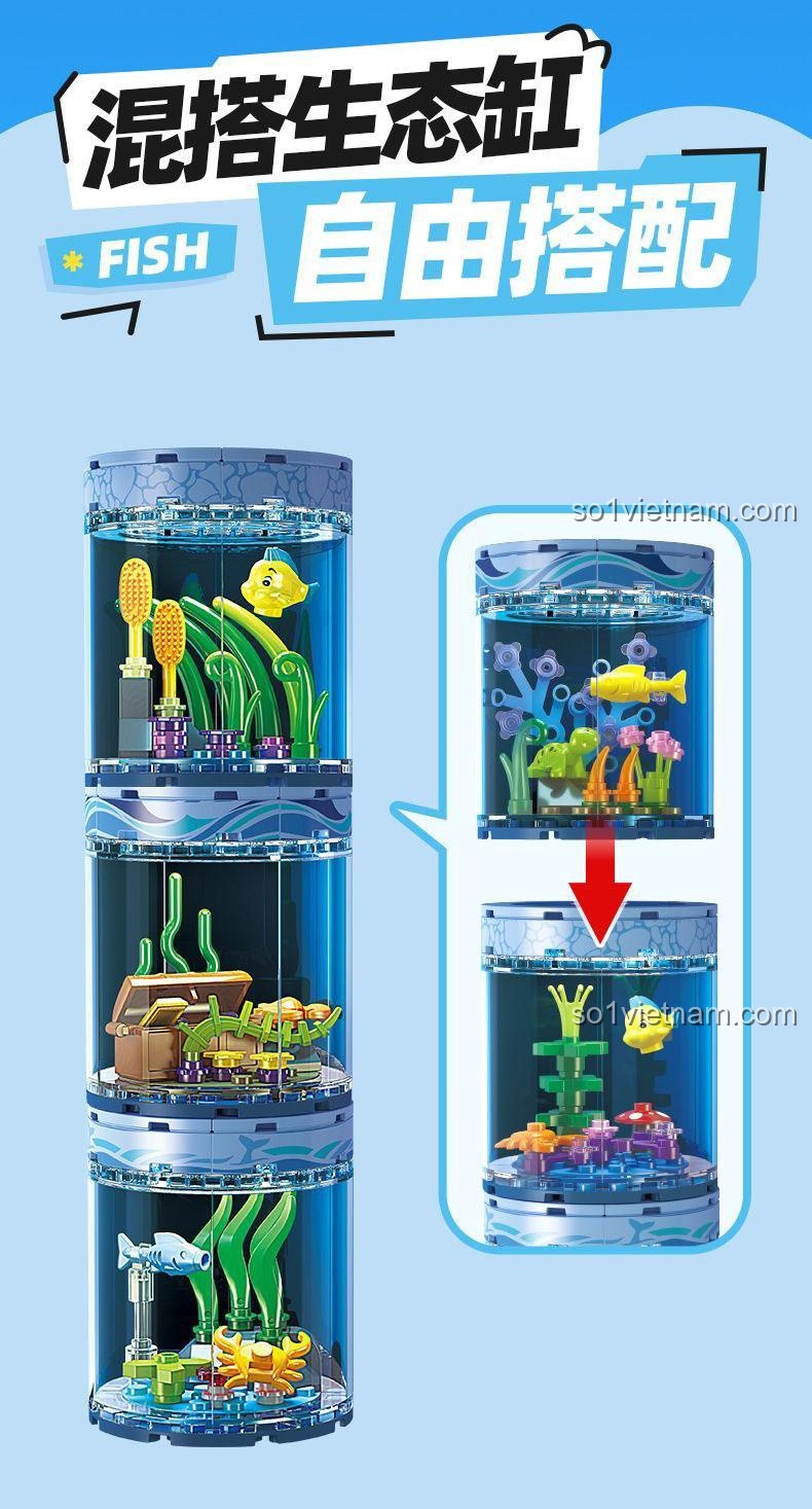 Tính năng xếp chồng sáng tạo của các bộ lắp ghép bể cá JIESTAR, kết hợp tự do tạo thành cột bể cá độc đáo.