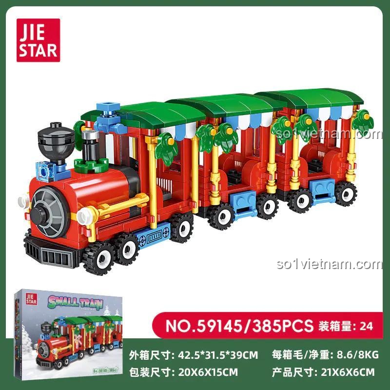 Hộp đồ chơi lắp ghép JIESTAR 59145 Xe lửa Giáng Sinh, hiển thị kích thước và số chi tiết 385 mảnh, phù hợp bé trai 6 tuổi.