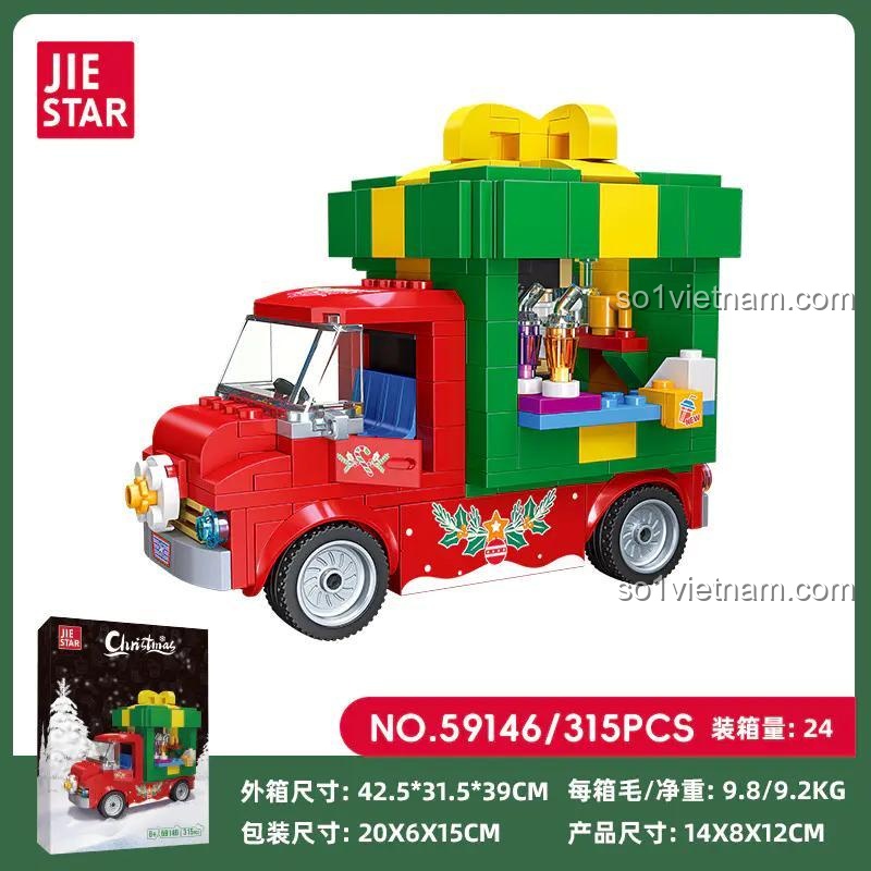 Hộp bộ lắp ghép JIESTAR 59146 Xe Tải Giáng Sinh, thể hiện kích thước mô hình 14x8x12cm và hộp 20x15x6cm, đồ chơi xếp hình cho trẻ 6 tuổi