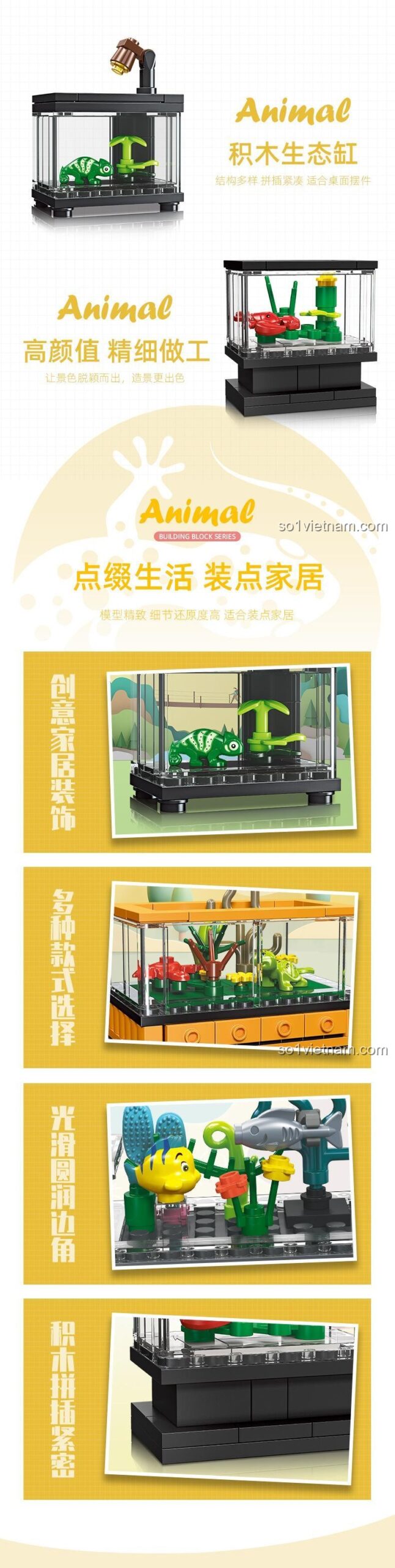 Các chi tiết tinh xảo của bộ lắp ghép Bể rùa cảnh lắp ráp JIESTAR và các mô hình khác, thể hiện chất lượng và màu sắc sống động.