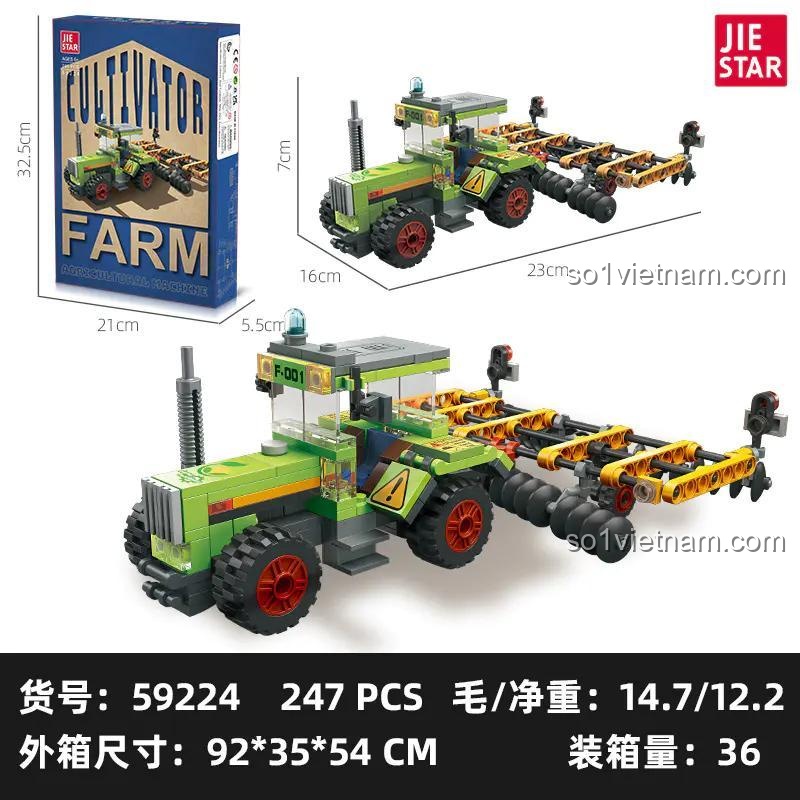 Hộp đồ chơi JIESTAR 59224 Máy cày lật, bộ khối lắp ghép Xe máy kéo nông trại, kích thước chi tiết cho bé trai 6 tuổi