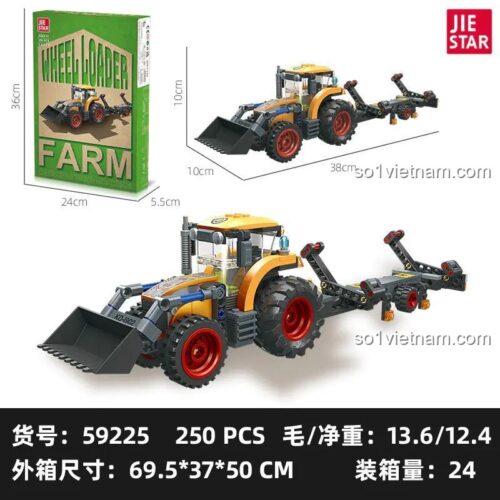 Hộp đồ chơi JIESTAR 59225 Máy Xúc Lật Nông Nghiệp, thể hiện kích thước sản phẩm, bộ lắp ghép cho bé trai 6 tuổi, giá tiết kiệm