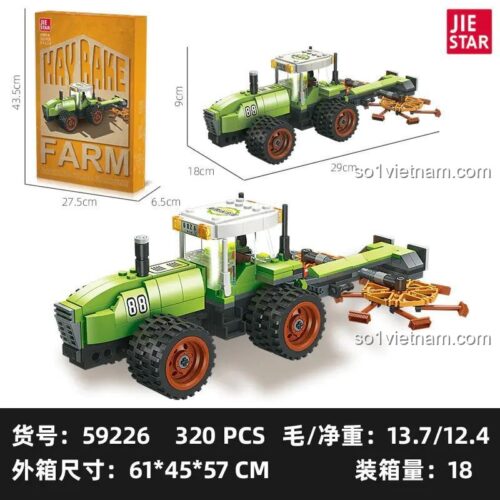 đồ chơi lắp ráp Máy Lượm Cỏ Nông Nghiệp JIESTAR 59226, hiển thị kích thước mô hình và hộp, phù hợp bé trai 6 tuổi, chất lượng cao